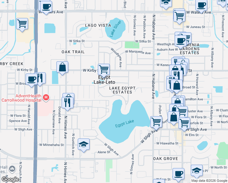 map of restaurants, bars, coffee shops, grocery stores, and more near 7303 Lakeside Boulevard in Tampa