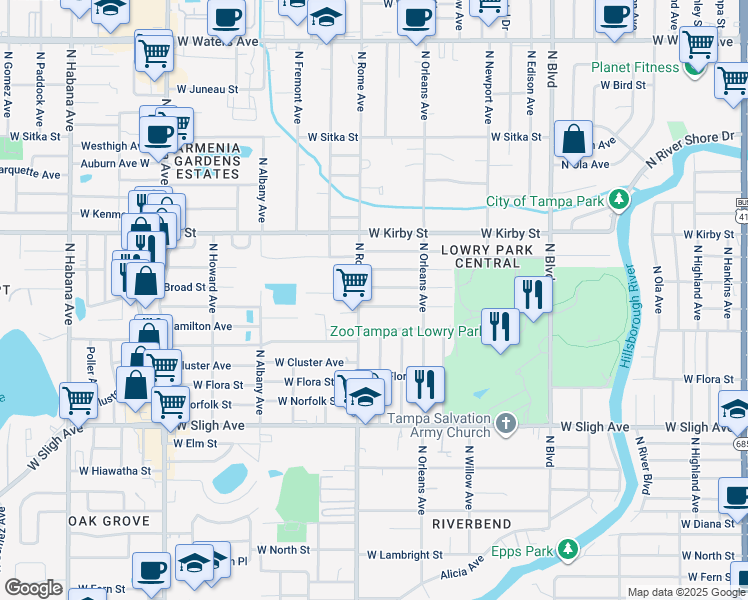 map of restaurants, bars, coffee shops, grocery stores, and more near 7403 North Rome Avenue in Tampa