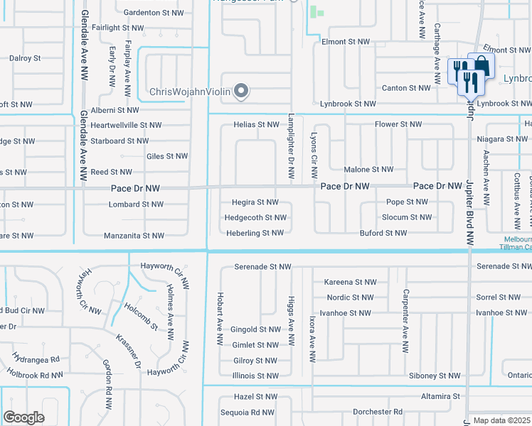 map of restaurants, bars, coffee shops, grocery stores, and more near 1267 Hedgecoth Street Northwest in Palm Bay