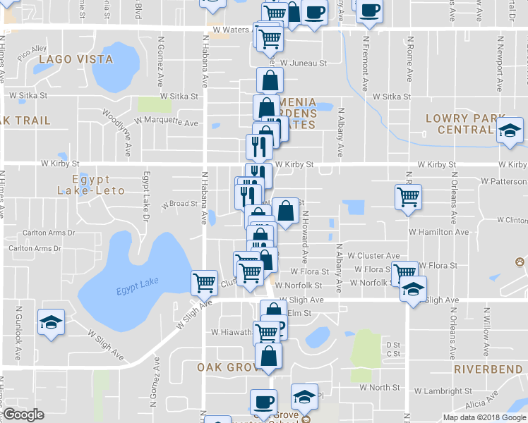 map of restaurants, bars, coffee shops, grocery stores, and more near 7404 North Coarsey Drive in Tampa