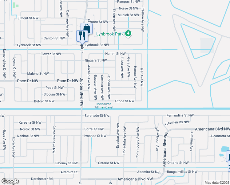 map of restaurants, bars, coffee shops, grocery stores, and more near 781 Bremerhaven Street Northwest in Palm Bay