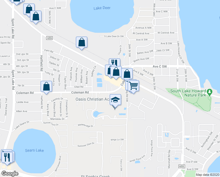 map of restaurants, bars, coffee shops, grocery stores, and more near 21 Carla Court in Winter Haven