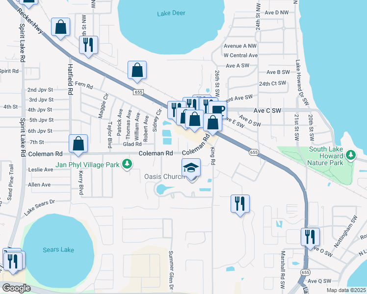 map of restaurants, bars, coffee shops, grocery stores, and more near 21 Carla Court in Winter Haven