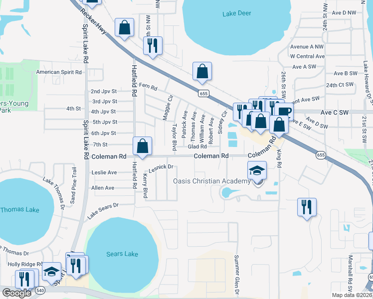 map of restaurants, bars, coffee shops, grocery stores, and more near 504 Glad Road in Winter Haven