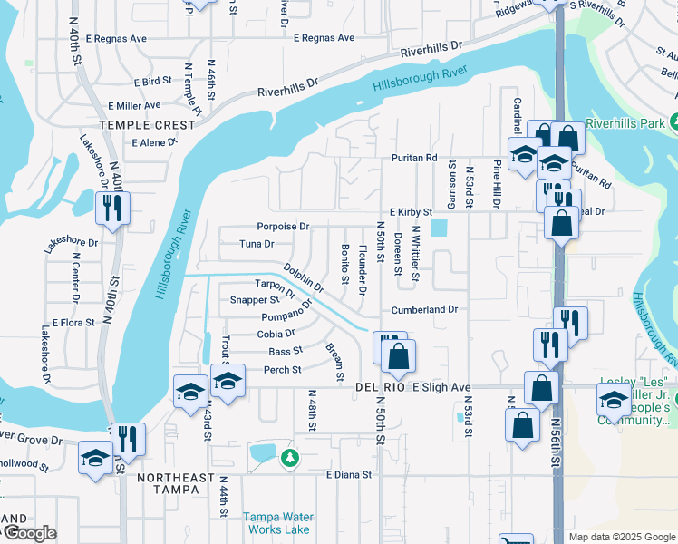 map of restaurants, bars, coffee shops, grocery stores, and more near 4607 Pompano Drive in Tampa