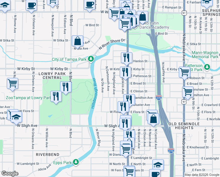 map of restaurants, bars, coffee shops, grocery stores, and more near 7314 North Dartmouth Avenue in Tampa