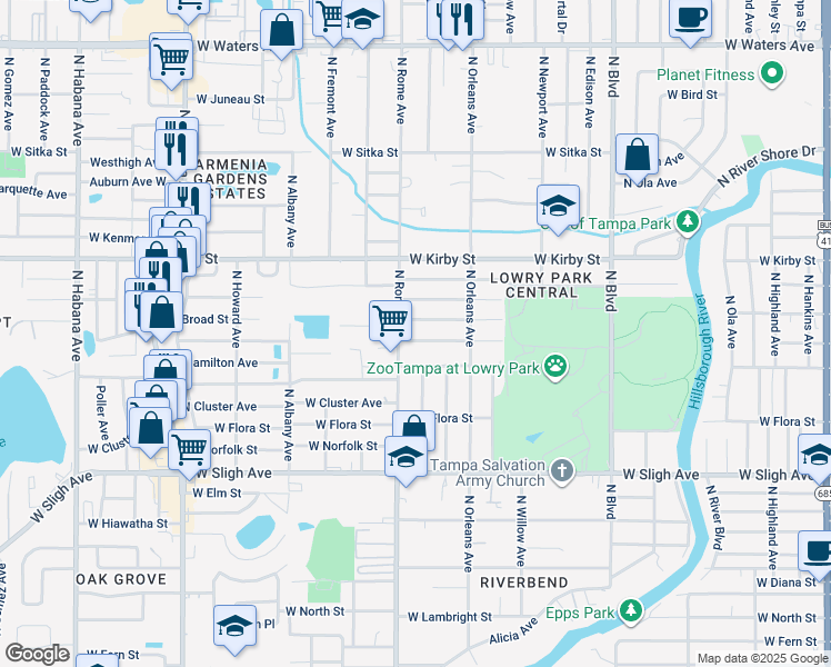 map of restaurants, bars, coffee shops, grocery stores, and more near 7403 North Rome Avenue in Tampa