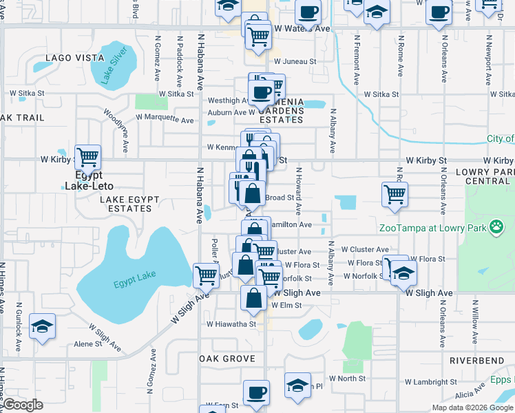 map of restaurants, bars, coffee shops, grocery stores, and more near 7404 North Coarsey Drive in Tampa
