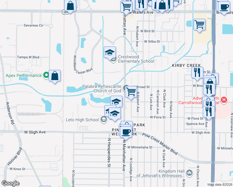 map of restaurants, bars, coffee shops, grocery stores, and more near 7209 North Manhattan Avenue in Tampa