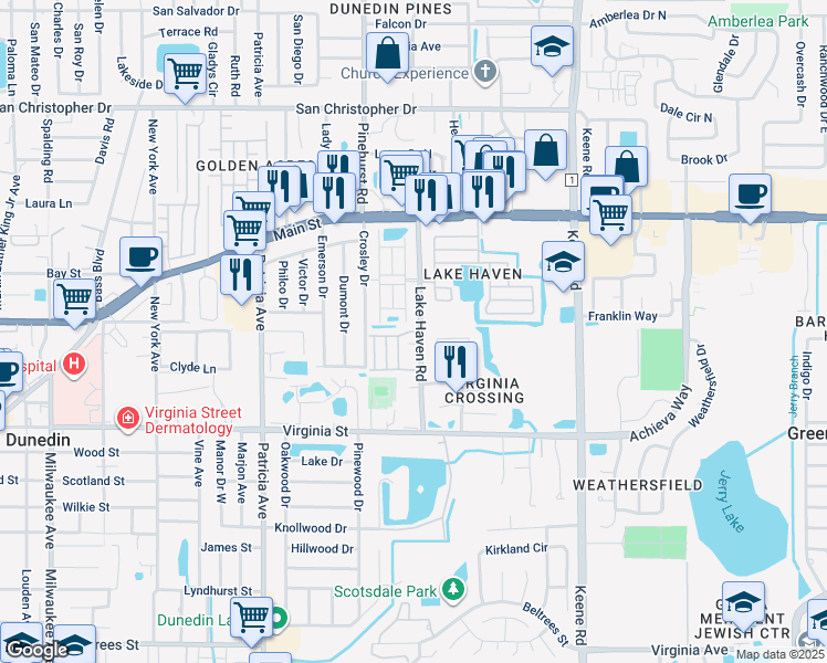 map of restaurants, bars, coffee shops, grocery stores, and more near 1092 Loch Haven Drive North in Dunedin