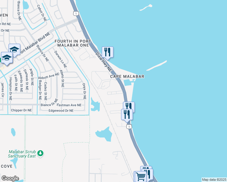map of restaurants, bars, coffee shops, grocery stores, and more near 7 Overlook Drive in Palm Bay