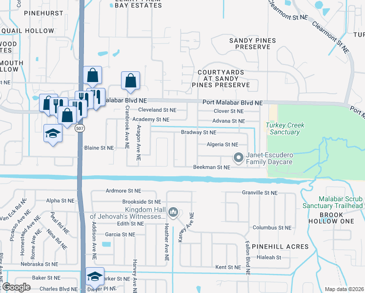 map of restaurants, bars, coffee shops, grocery stores, and more near 760 Becker Avenue Northeast in Palm Bay