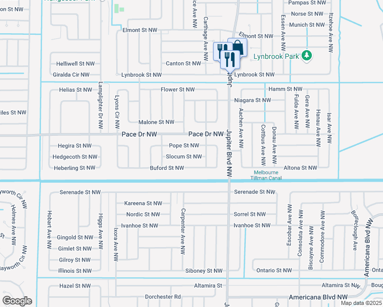 map of restaurants, bars, coffee shops, grocery stores, and more near 962 Slocum Street Northwest in Palm Bay