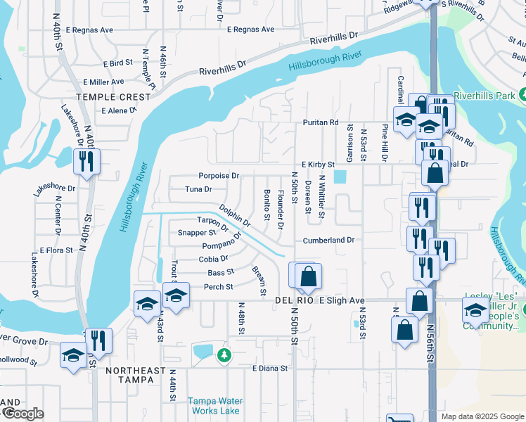 map of restaurants, bars, coffee shops, grocery stores, and more near 4607 Pompano Drive in Tampa