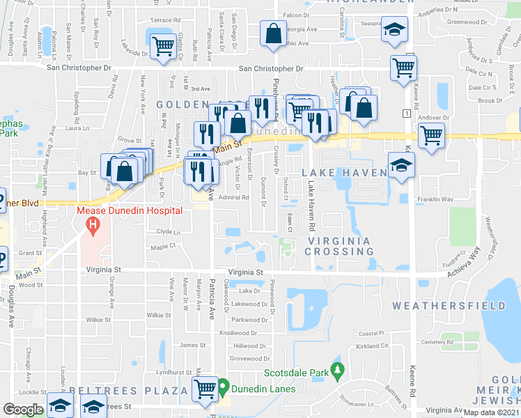 map of restaurants, bars, coffee shops, grocery stores, and more near 888 Dumont Drive in Dunedin