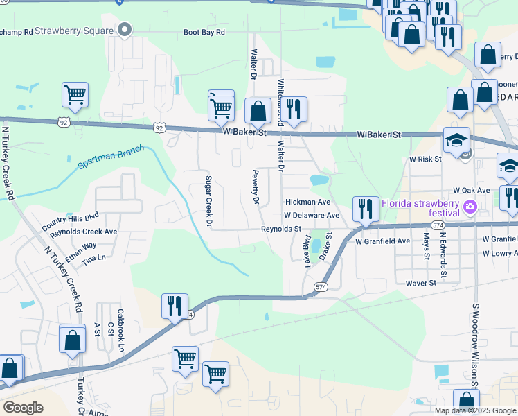 map of restaurants, bars, coffee shops, grocery stores, and more near 308 Bonnie Drive in Plant City