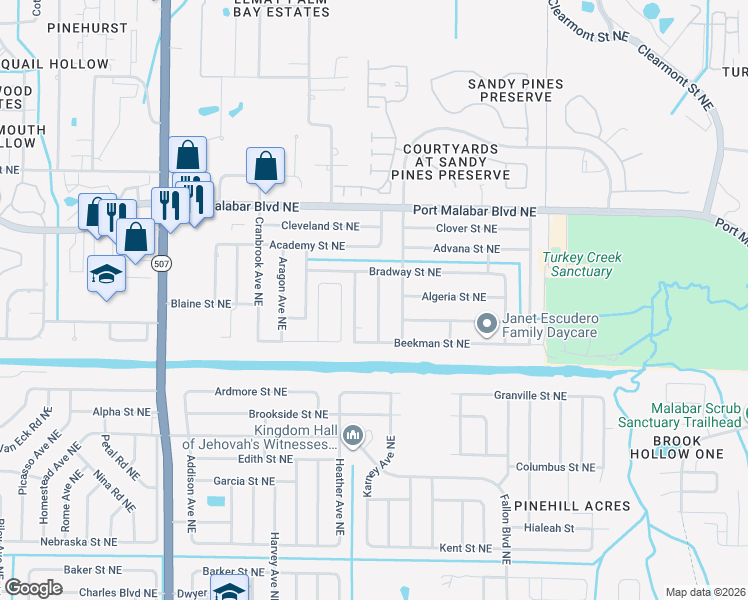 map of restaurants, bars, coffee shops, grocery stores, and more near 760 Becker Avenue Northeast in Palm Bay