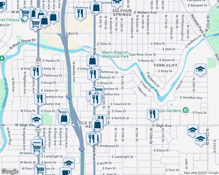 map of restaurants, bars, coffee shops, grocery stores, and more near 1002 East Crenshaw Street in Tampa