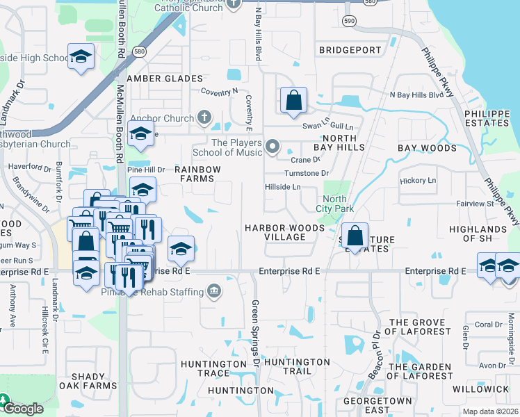 map of restaurants, bars, coffee shops, grocery stores, and more near 3010 Harget Lane in Safety Harbor