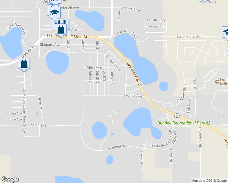 map of restaurants, bars, coffee shops, grocery stores, and more near 511 8th Street South in Dundee