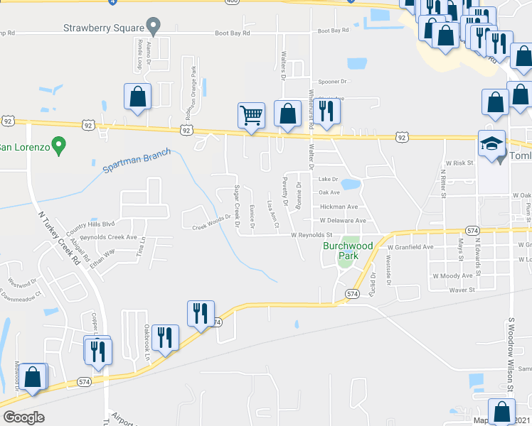 map of restaurants, bars, coffee shops, grocery stores, and more near 305 Lisa Ann Court in Plant City