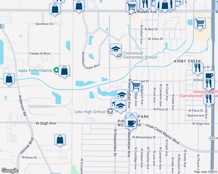 map of restaurants, bars, coffee shops, grocery stores, and more near 7210 North Manhattan Avenue in Tampa