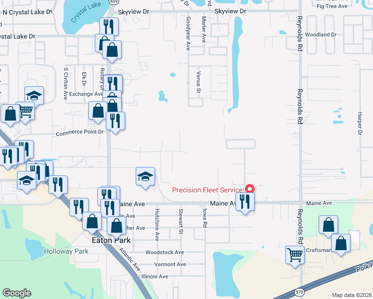 map of restaurants, bars, coffee shops, grocery stores, and more near 2860-2898 Mine and Mill Road in Lakeland