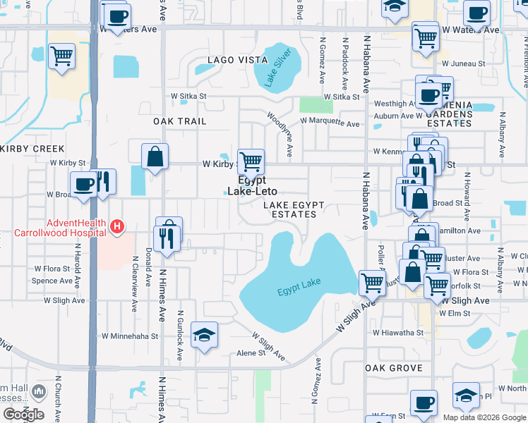 map of restaurants, bars, coffee shops, grocery stores, and more near 7303 Lakeside Boulevard in Tampa