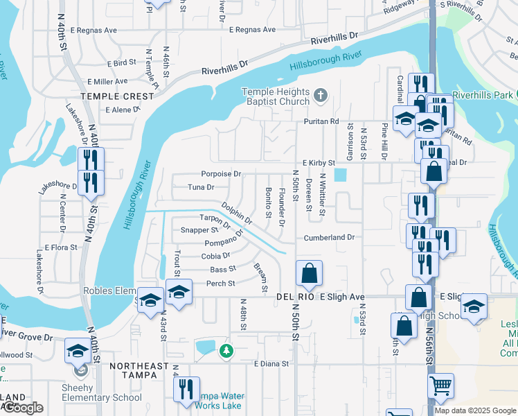 map of restaurants, bars, coffee shops, grocery stores, and more near 4607 Pompano Drive in Tampa