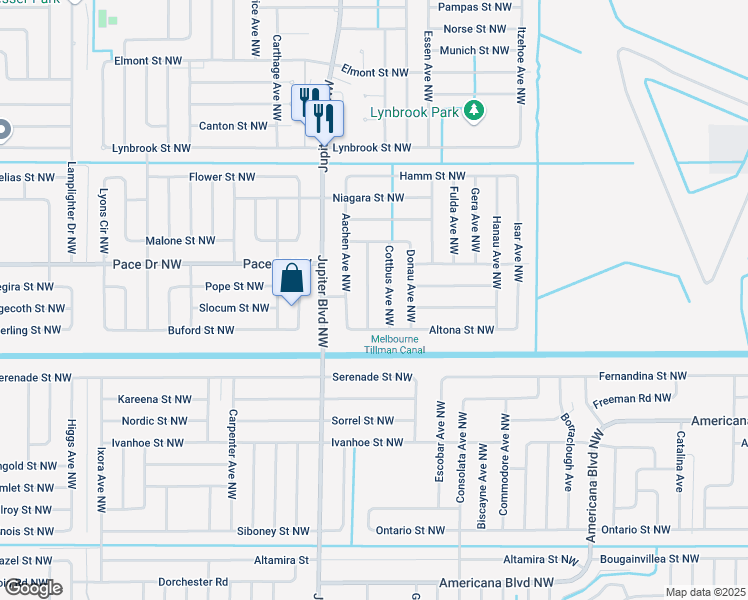 map of restaurants, bars, coffee shops, grocery stores, and more near 720 Cottbus Avenue Northwest in Palm Bay