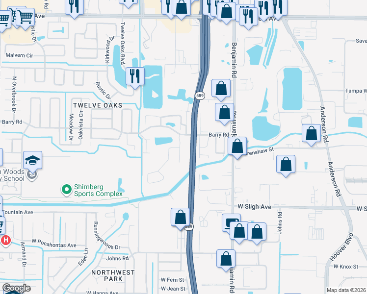 map of restaurants, bars, coffee shops, grocery stores, and more near 7227 Bellingham Oaks Boulevard in Tampa