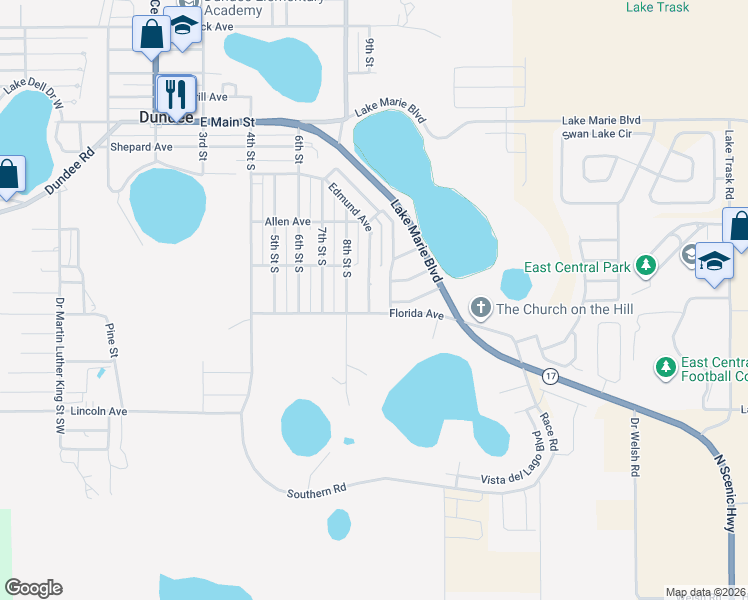 map of restaurants, bars, coffee shops, grocery stores, and more near 1011 Edmund Avenue in Dundee