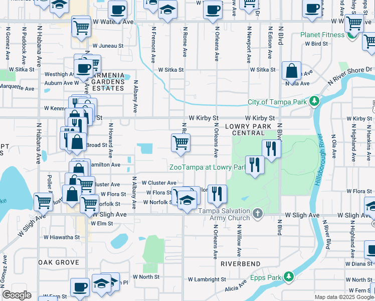 map of restaurants, bars, coffee shops, grocery stores, and more near 7403 North Rome Avenue in Tampa