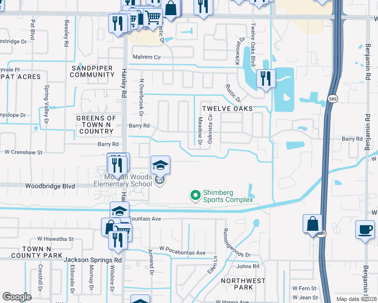 map of restaurants, bars, coffee shops, grocery stores, and more near 7413 Oakvista Circle in Tampa