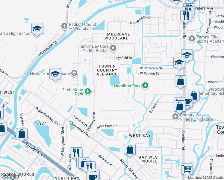 map of restaurants, bars, coffee shops, grocery stores, and more near Hamilton Park Boulevard in Town 'n' Country