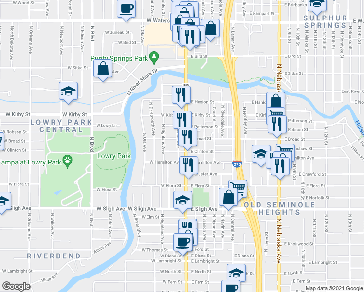 map of restaurants, bars, coffee shops, grocery stores, and more near 7414 North Florida Avenue in Tampa