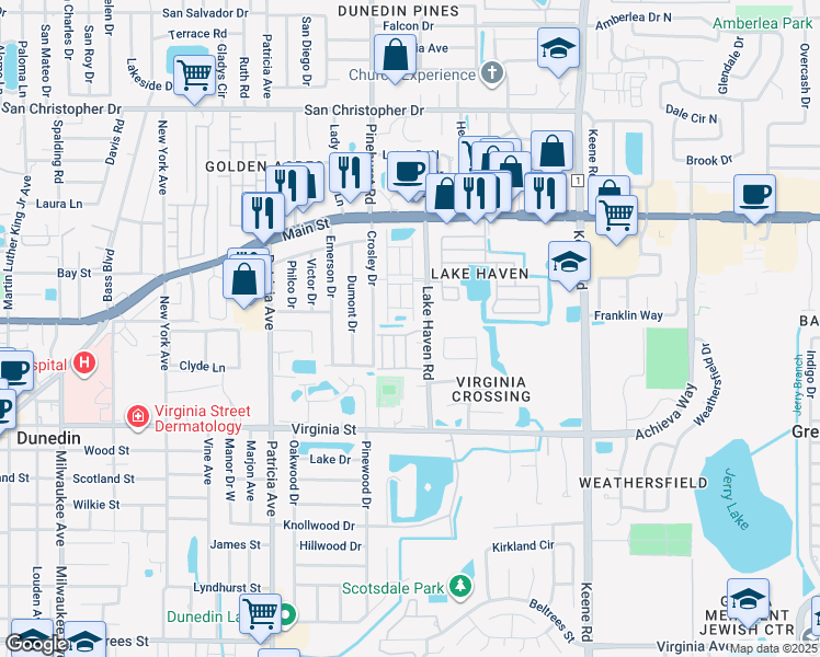 map of restaurants, bars, coffee shops, grocery stores, and more near 1092 Loch Haven Drive North in Dunedin