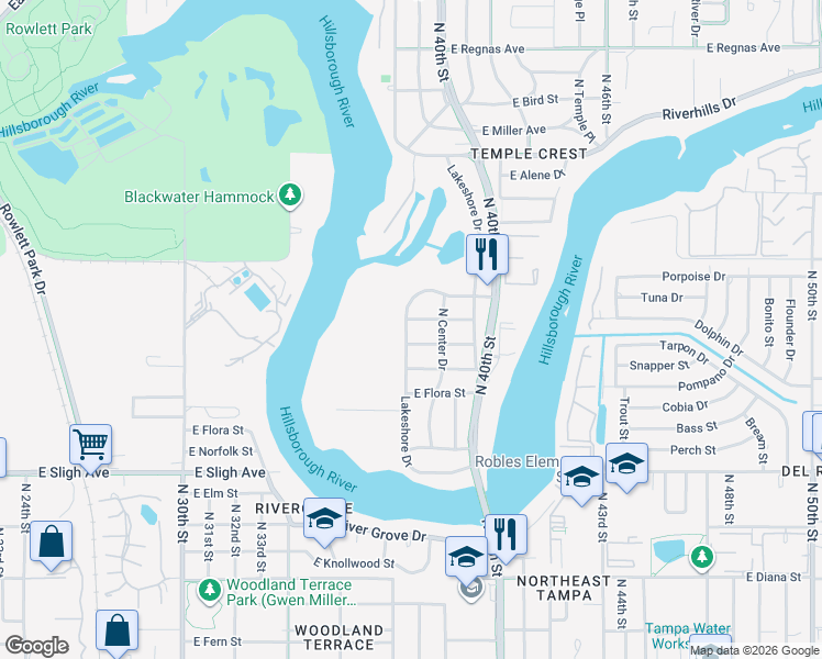 map of restaurants, bars, coffee shops, grocery stores, and more near 7305 Lakeshore Drive in Tampa