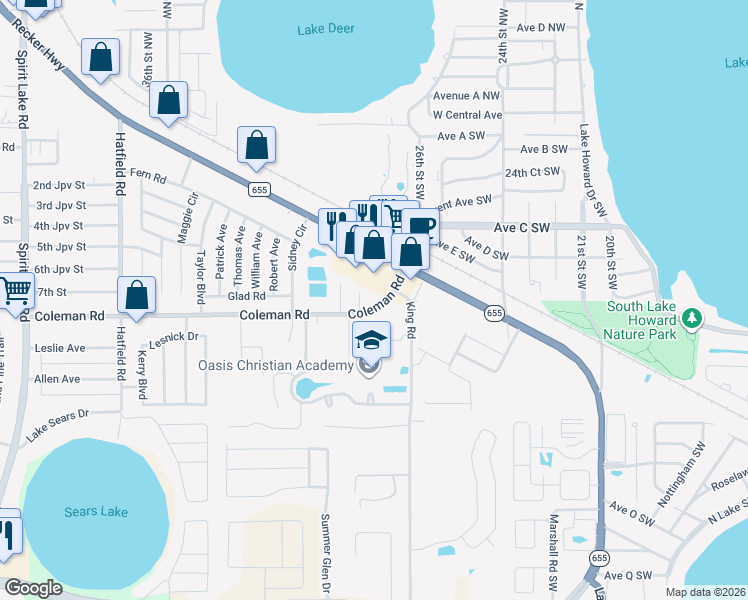map of restaurants, bars, coffee shops, grocery stores, and more near 151 King Road Southwest in Winter Haven
