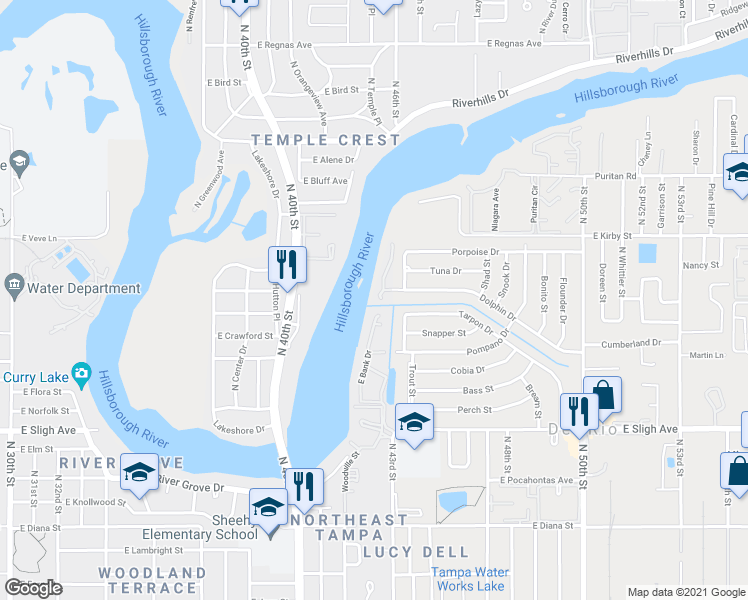 map of restaurants, bars, coffee shops, grocery stores, and more near 4147 Dolphin Drive in Tampa