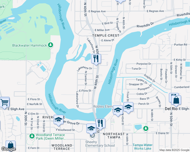 map of restaurants, bars, coffee shops, grocery stores, and more near 7201 North 40th Street in Tampa