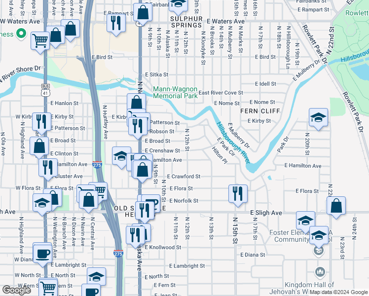 map of restaurants, bars, coffee shops, grocery stores, and more near 1022 East Crenshaw Street in Tampa