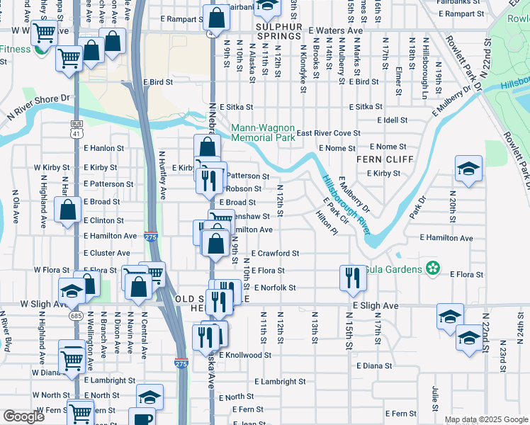 map of restaurants, bars, coffee shops, grocery stores, and more near 1022 East Crenshaw Street in Tampa