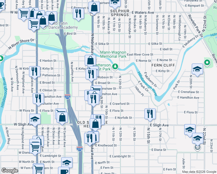 map of restaurants, bars, coffee shops, grocery stores, and more near 1002 East Crenshaw Street in Tampa