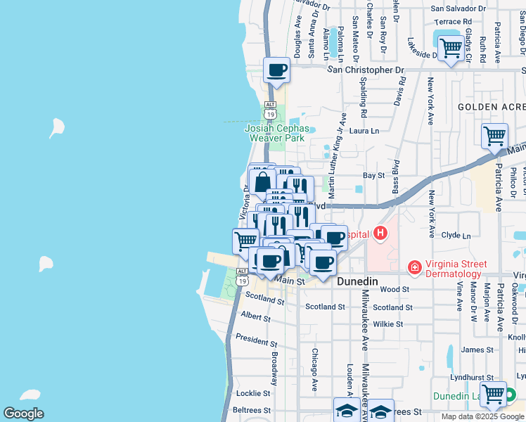 map of restaurants, bars, coffee shops, grocery stores, and more near 748 Broadway in Dunedin