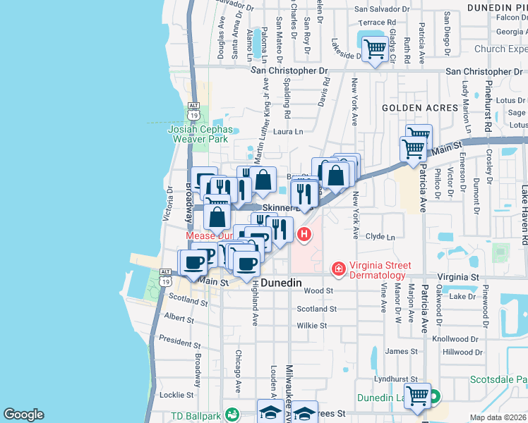 map of restaurants, bars, coffee shops, grocery stores, and more near 521 Ashley Drive in Dunedin
