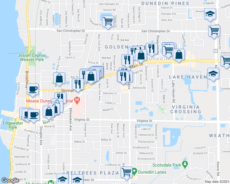 map of restaurants, bars, coffee shops, grocery stores, and more near 102 Glennes Lane in Dunedin