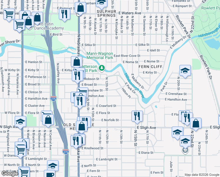 map of restaurants, bars, coffee shops, grocery stores, and more near 1206 East Crenshaw Street in Tampa