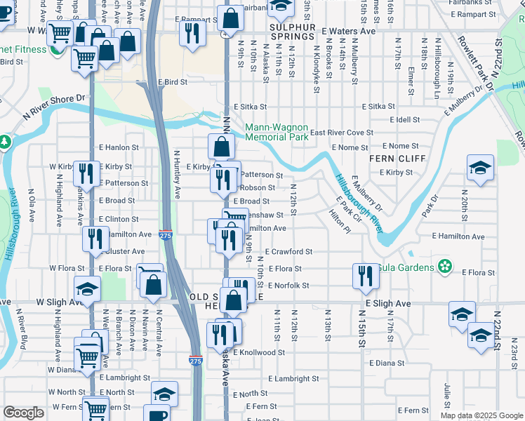 map of restaurants, bars, coffee shops, grocery stores, and more near 1002 East Crenshaw Street in Tampa