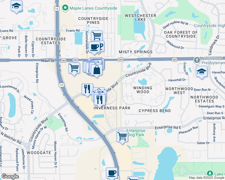 map of restaurants, bars, coffee shops, grocery stores, and more near 2589 Countryside Boulevard in Clearwater
